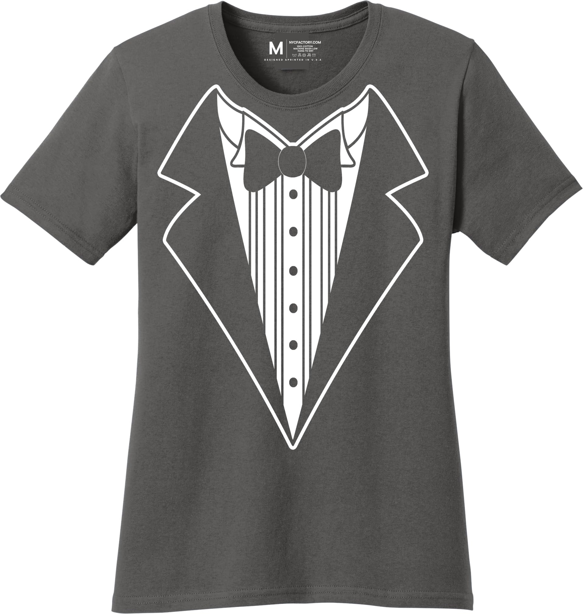 Ladies Faux Tuxedo T-Shirt (Charcoal, Bowtie)