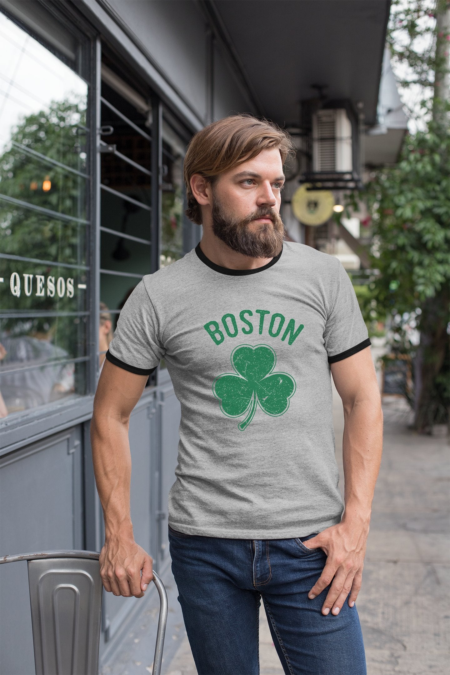 Irish Boston Shamrock Design Custom Mens Ringer T-Shirt Customized Tee
