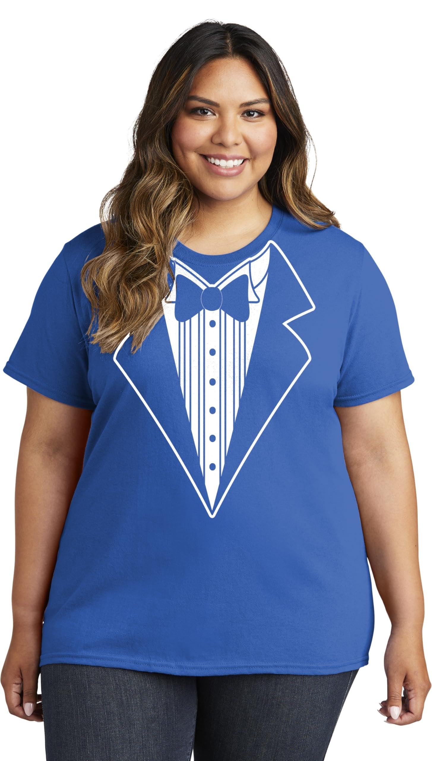Ladies Faux Tuxedo T-Shirt (Royal Blue, Bowtie)