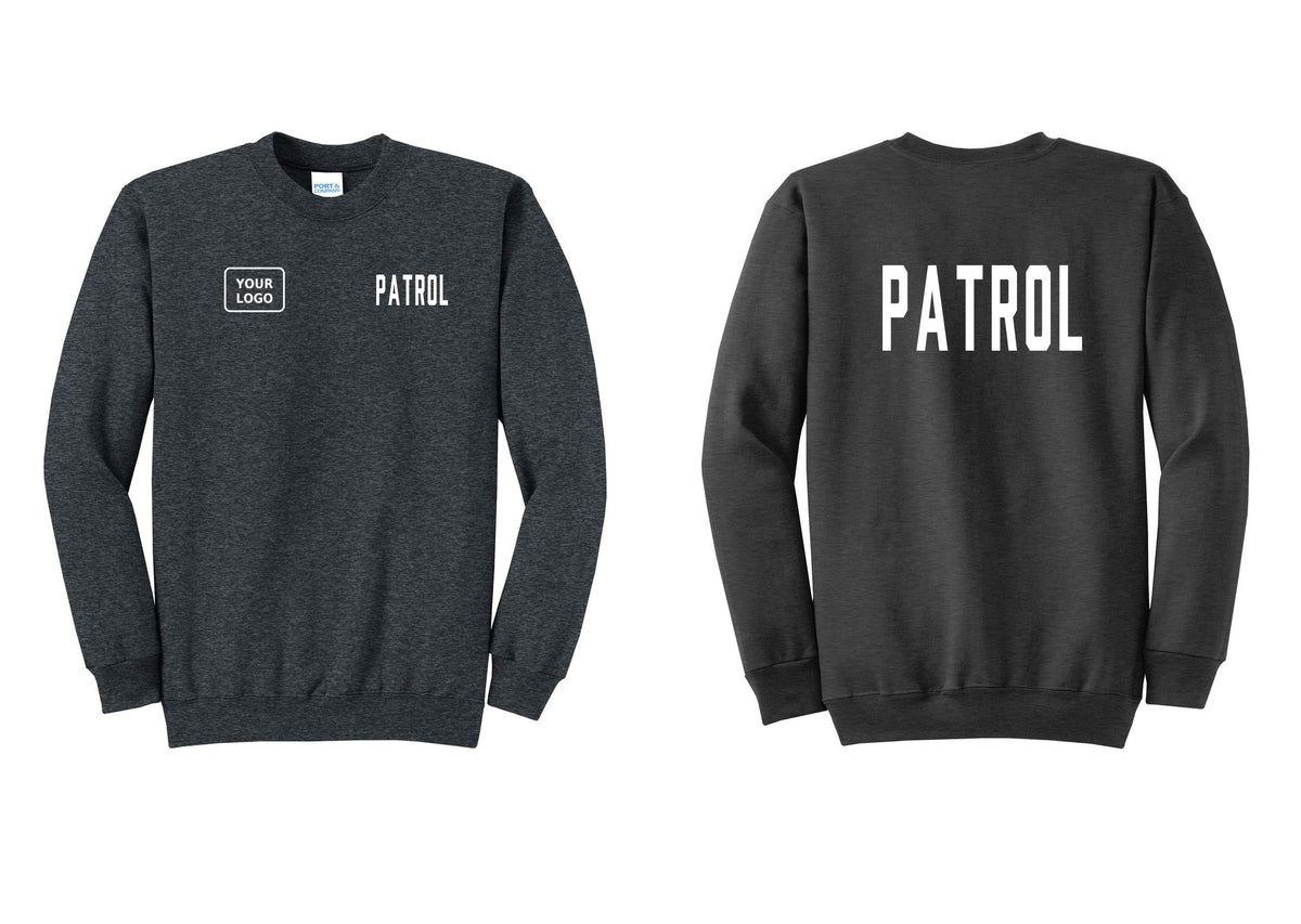 NYC Factory Custom Logo Patrol Cotton Fleece Crewneck Sweatshirt (Classic) - PATROL + Your Logo + Back - Dark Heather Grey