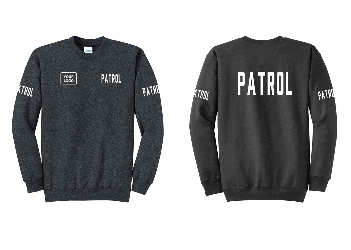 NYC Factory Custom Logo Patrol Cotton Fleece Crewneck Sweatshirt (Classic) - PATROL + Your Logo + Back + Patrol Sleeves - Dark Heather Grey