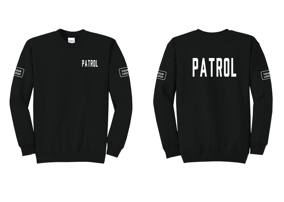 NYC Factory Custom Logo Patrol Cotton Fleece Crewneck Sweatshirt (Classic) - Chest + Back + Your Logo Sleeves - Black