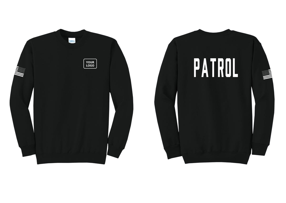 NYC Factory Custom Logo Patrol Cotton Fleece Crewneck Sweatshirt (Classic) - Your Logo + Back + US Flag Sleeve - Black