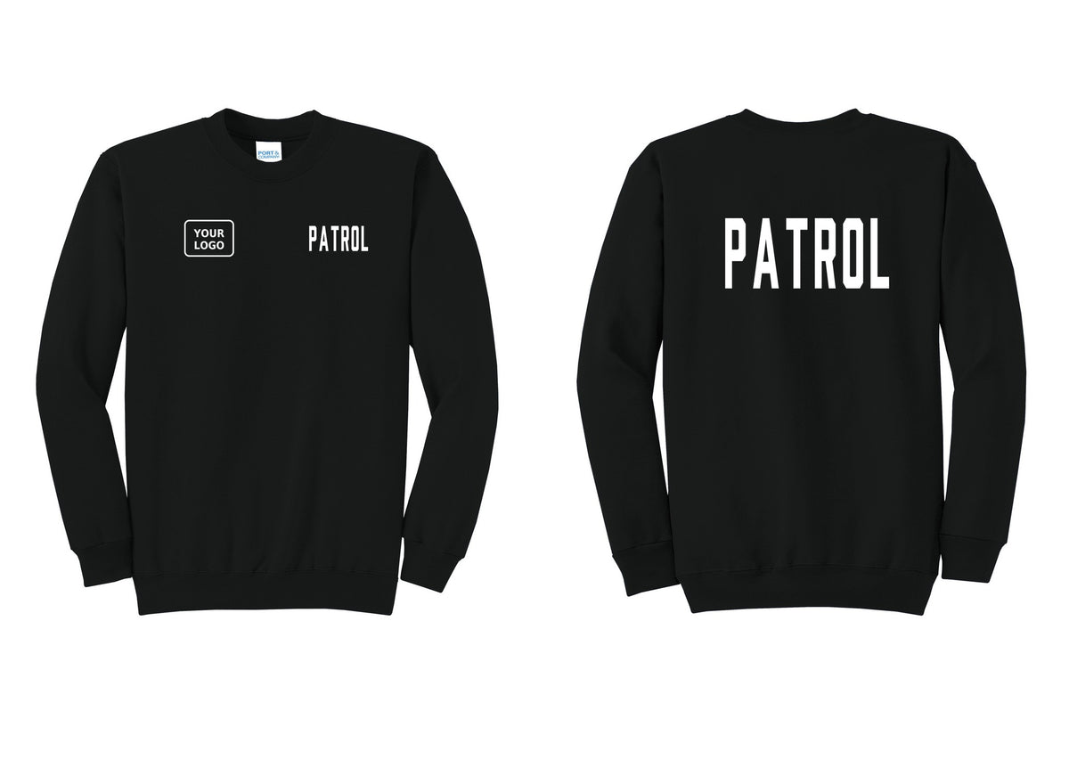 NYC Factory Custom Logo Patrol Cotton Fleece Crewneck Sweatshirt (Classic) - PATROL + Your Logo + Back - Black
