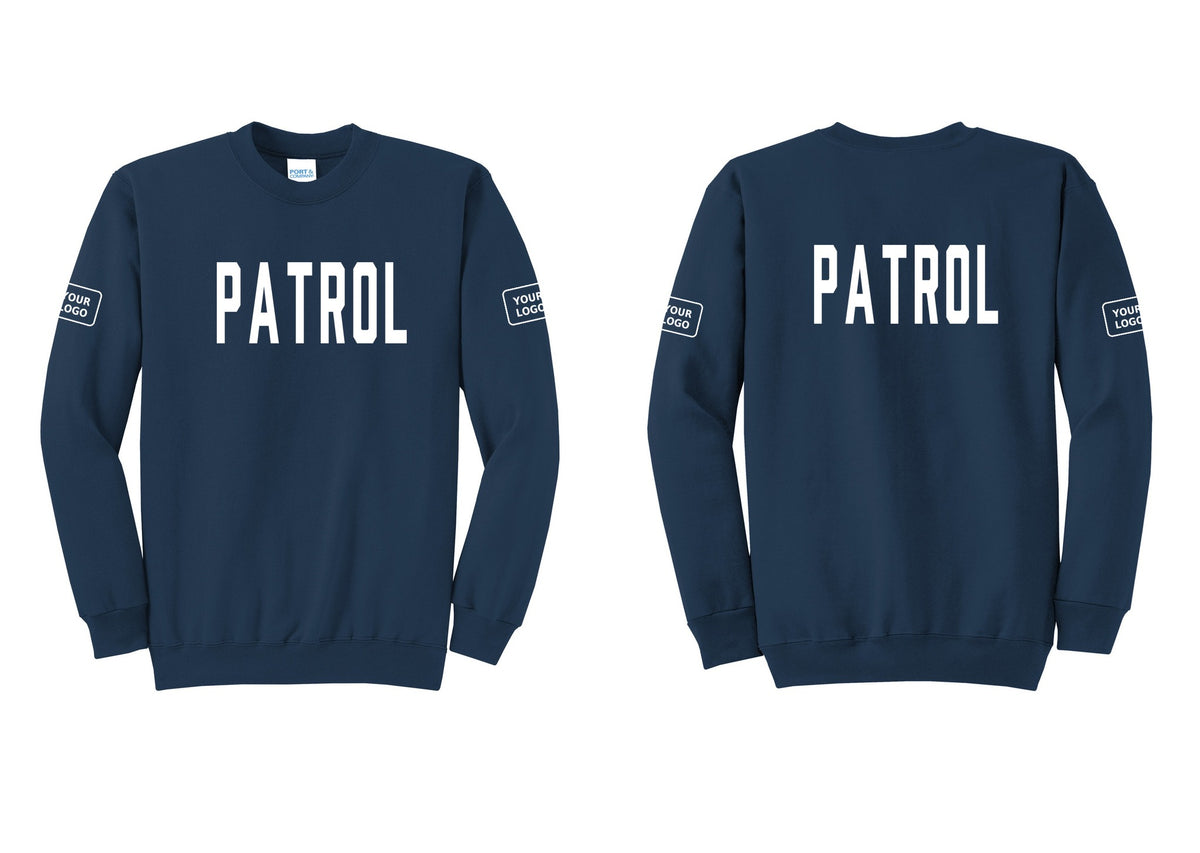 NYC Factory Custom Logo Patrol Cotton Fleece Crewneck Sweatshirt (Classic) - Front + Back + Your Logo Sleeves - Navy