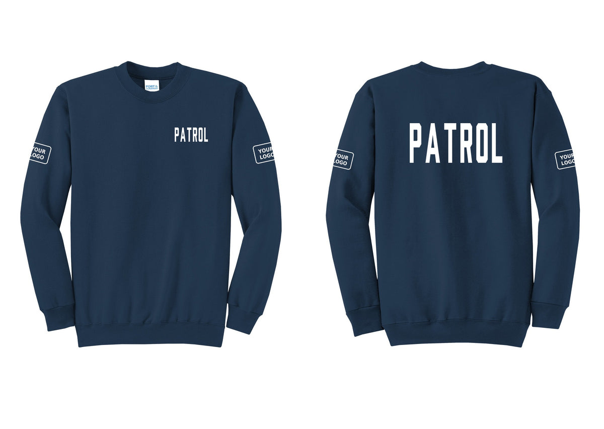 NYC Factory Custom Logo Patrol Cotton Fleece Crewneck Sweatshirt (Classic) - Chest + Back + Your Logo Sleeves - Navy