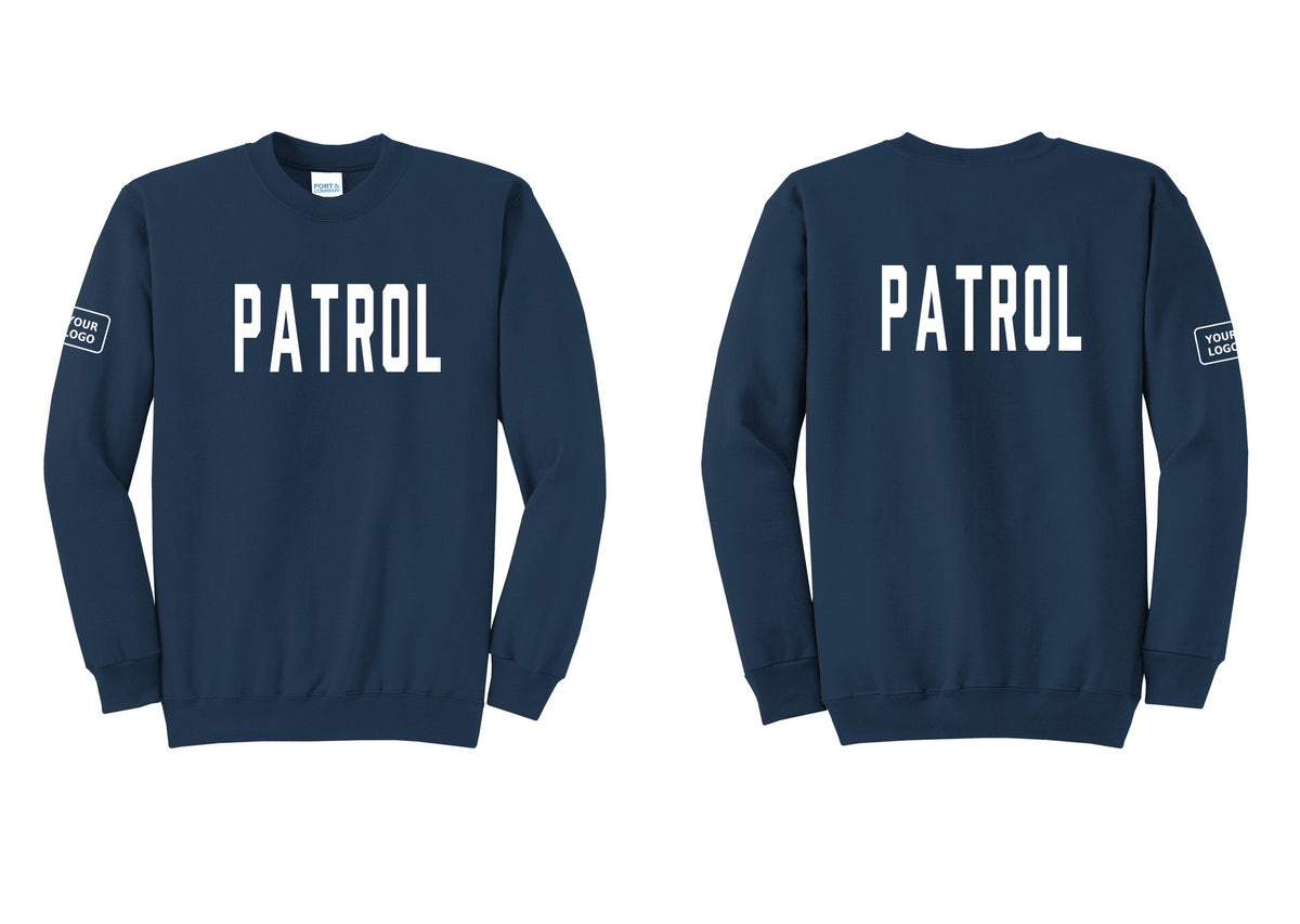 NYC Factory Custom Logo Patrol Cotton Fleece Crewneck Sweatshirt (Classic) - Front + Back + Your Logo Sleeve - Navy