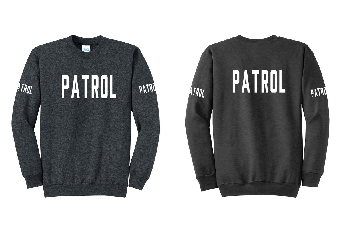 NYC Factory Patrol Cotton Fleece Crewneck Sweatshirt (Classic) - Front + Back + Patrol Sleeves - Dark Heather Grey