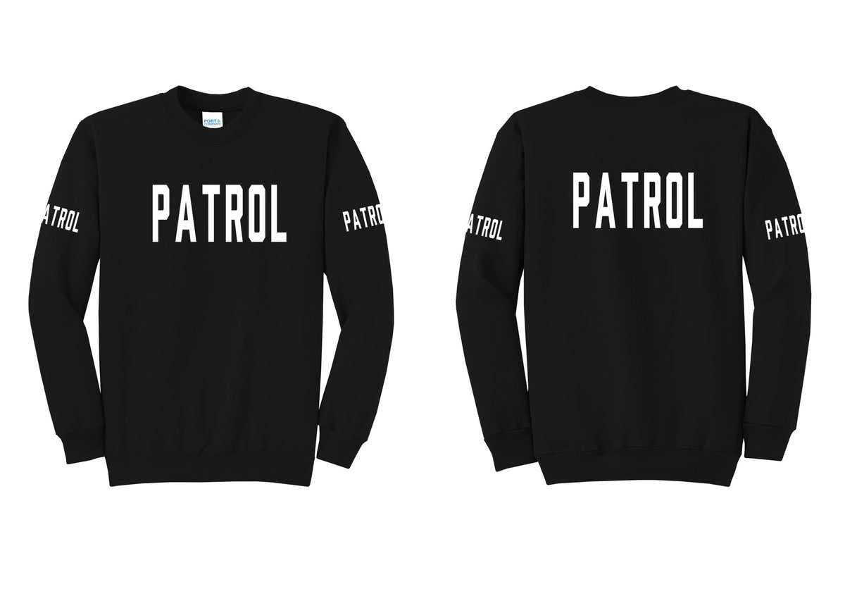NYC Factory Patrol Cotton Fleece Crewneck Sweatshirt (Classic) - Front + Back + Patrol Sleeves - Black