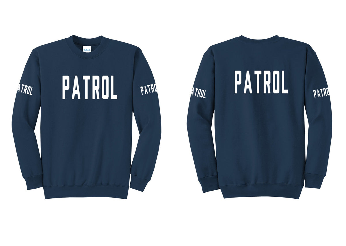NYC Factory Patrol Cotton Fleece Crewneck Sweatshirt (Classic) - Front + Back + Patrol Sleeves - Navy