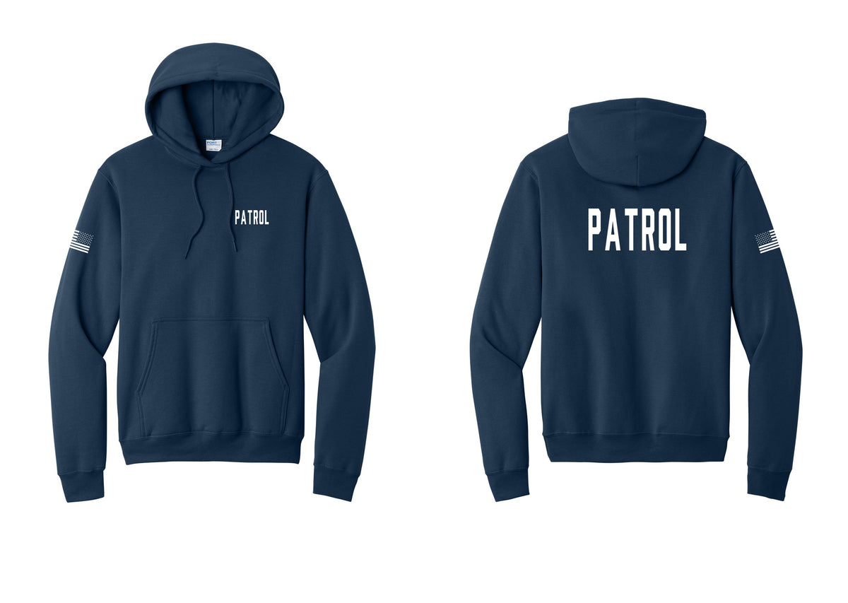 NYC Factory Patrol Cotton Fleece Pullover Hoodie (Classic) - Chest + Back + US Flag Sleeve - Navy