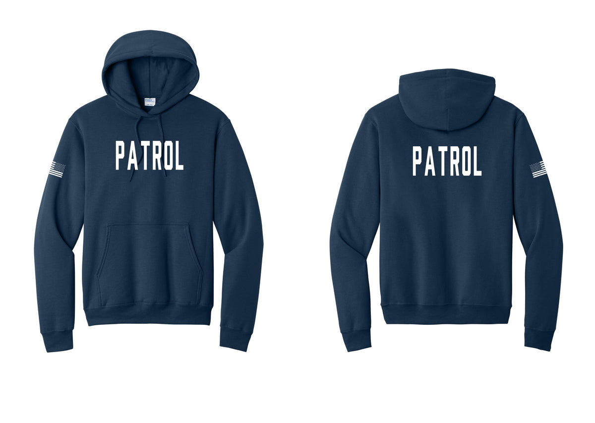 NYC Factory Patrol Cotton Fleece Pullover Hoodie (Classic) - Front + Back + US Flag Sleeve - Navy