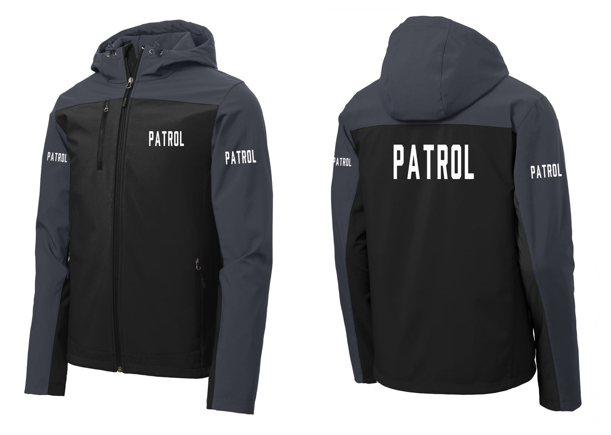 NYC Factory Patrol Hooded Soft Shell Jacket (Classic) - Chest + Back + Patrol Sleeves - Black / Battleship Grey