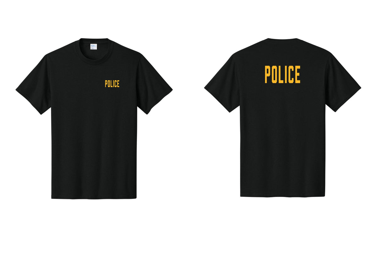 NYC Factory Police T-Shirt, Condensed Lettering - Chest + Back - Black / Gold