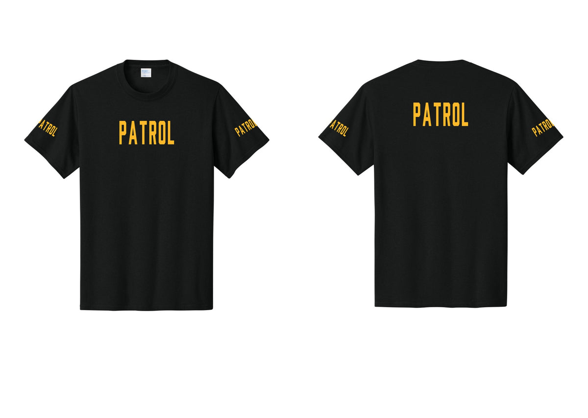 NYC Factory Patrol T-Shirt for Security & Event Teams (Classic) - Front + Back + Patrol Sleeves - Black / Gold