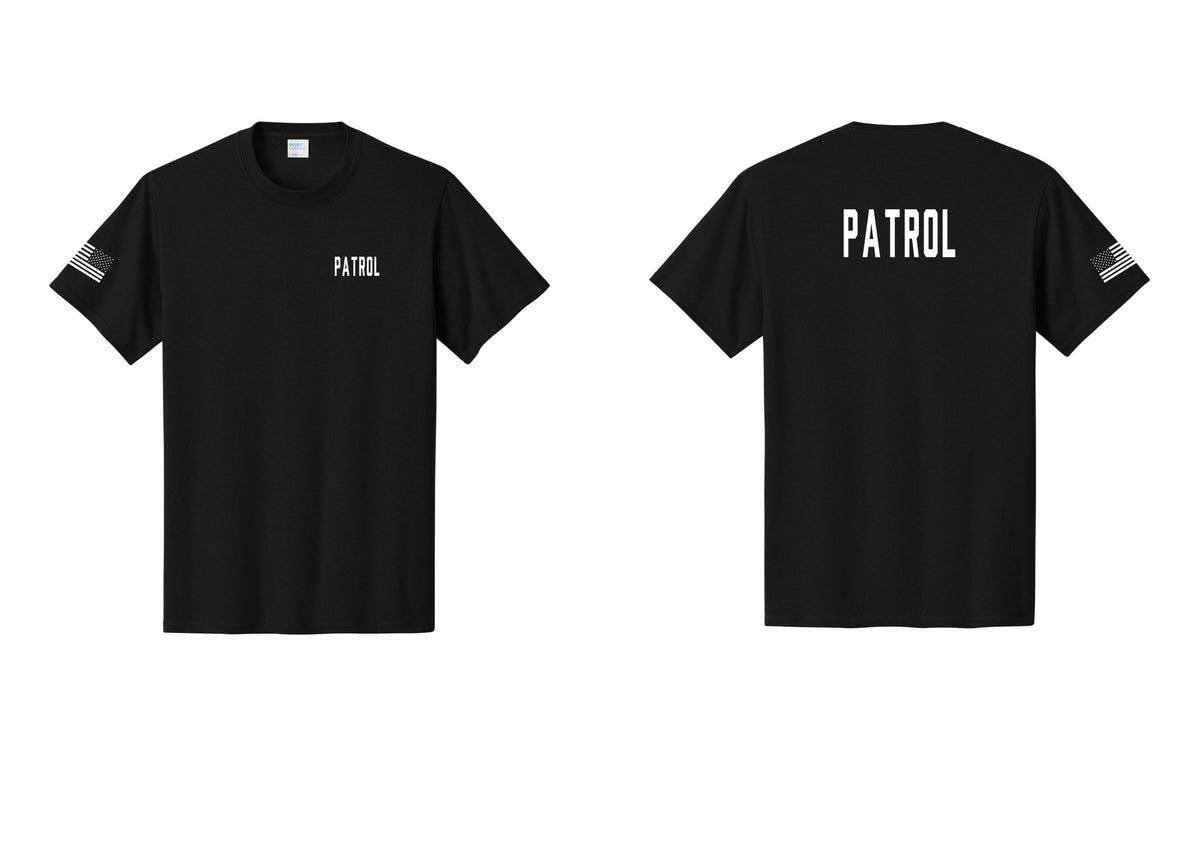 NYC Factory Patrol T-Shirt for Security & Event Teams (Classic) - Chest + Back + US Flag Sleeve - Black