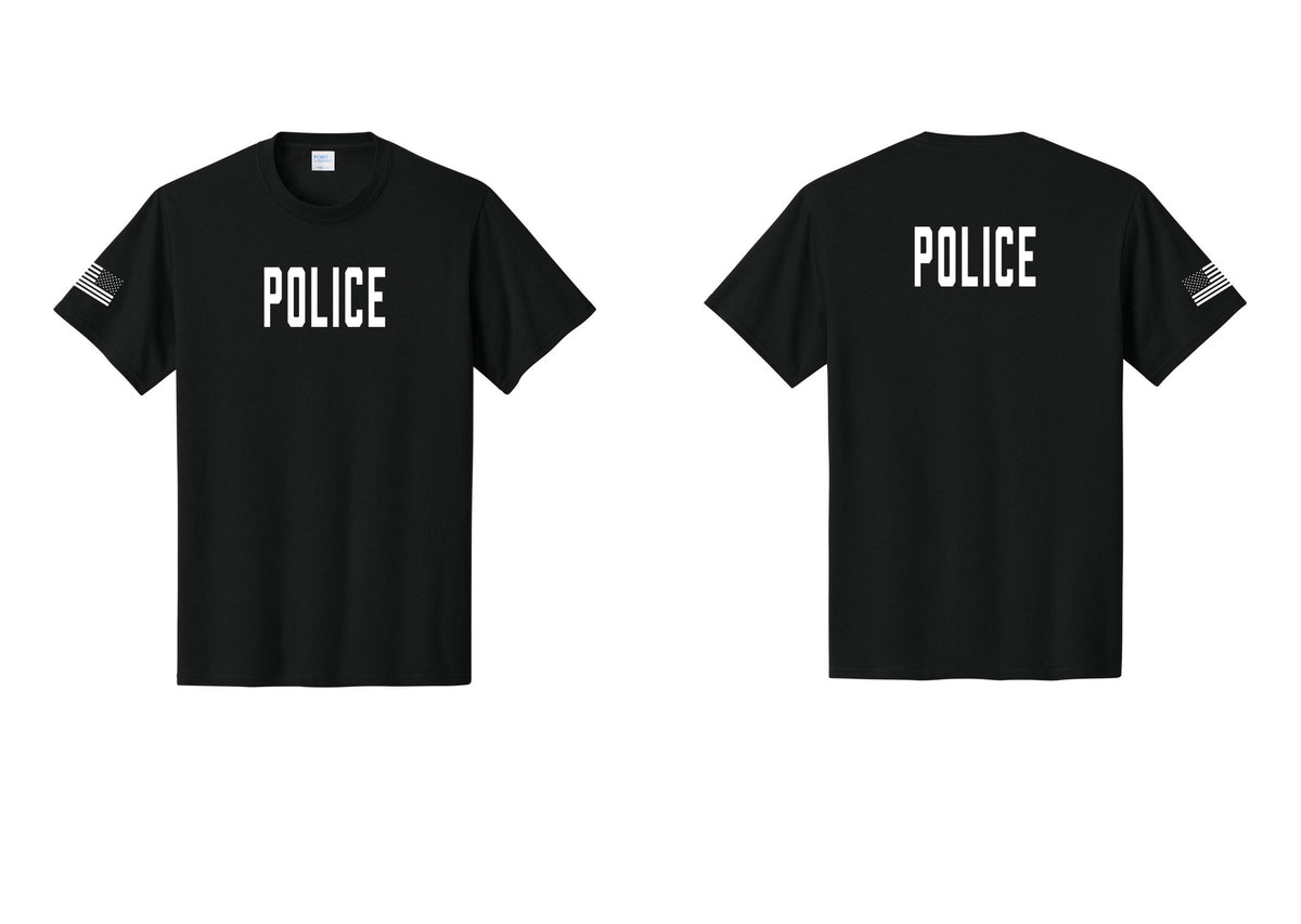 NYC Factory Police T-Shirt, Condensed Lettering - Front + Back + US Flag Sleeve - Black