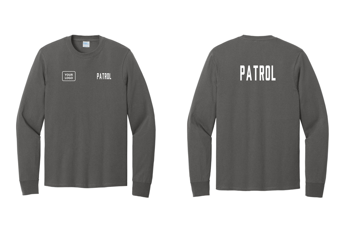 NYC Factory Custom Logo Patrol Cotton Long Sleeve T-Shirt (Classic) - PATROL + Your Logo + Back - Charcoal