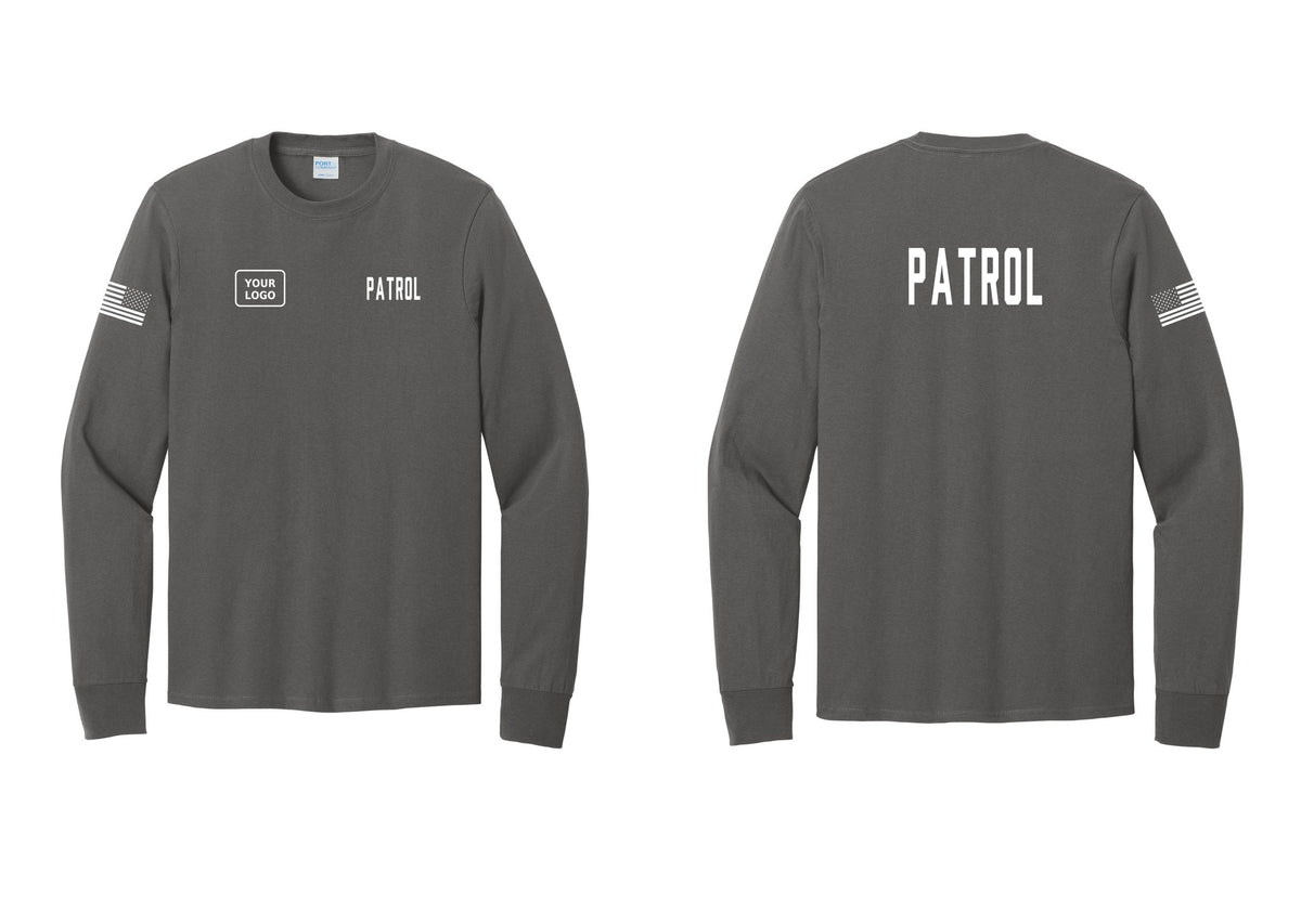 NYC Factory Custom Logo Patrol Cotton Long Sleeve T-Shirt (Classic) - PATROL + Your Logo + Back + US Flag Sleeve - Charcoal
