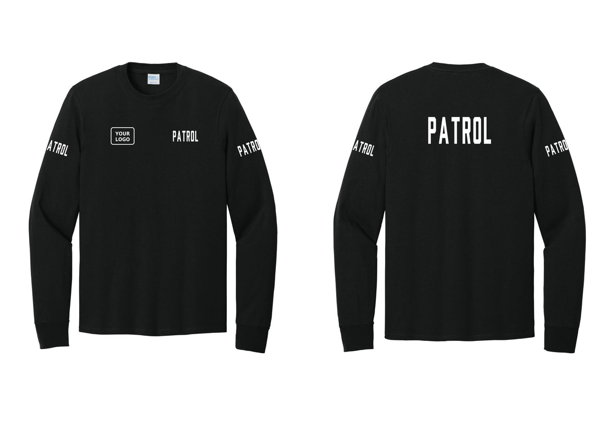 NYC Factory Custom Logo Patrol Cotton Long Sleeve T-Shirt (Classic) - PATROL + Your Logo + Back + Patrol Sleeves - Black