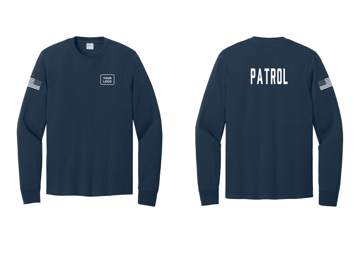 NYC Factory Custom Logo Patrol Cotton Long Sleeve T-Shirt (Classic) - Your Logo + Back + US Flag Sleeve - Navy