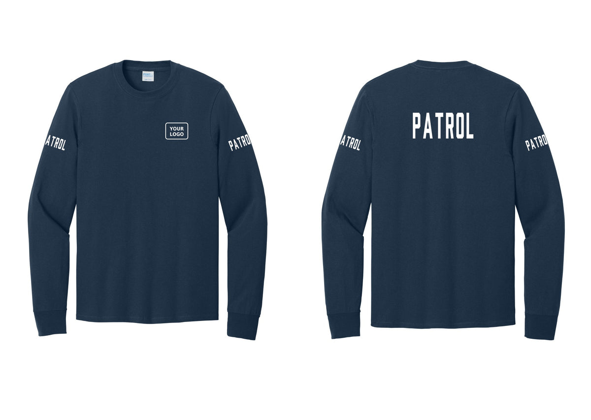 NYC Factory Custom Logo Patrol Cotton Long Sleeve T-Shirt (Classic) - Your Logo + Back + Patrol Sleeves - Navy