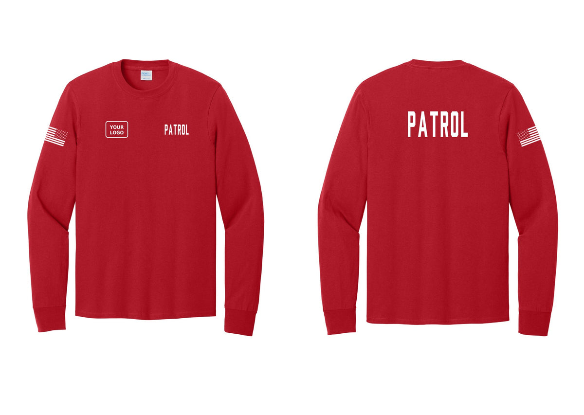 NYC Factory Custom Logo Patrol Cotton Long Sleeve T-Shirt (Classic) - PATROL + Your Logo + Back + US Flag Sleeve - Red