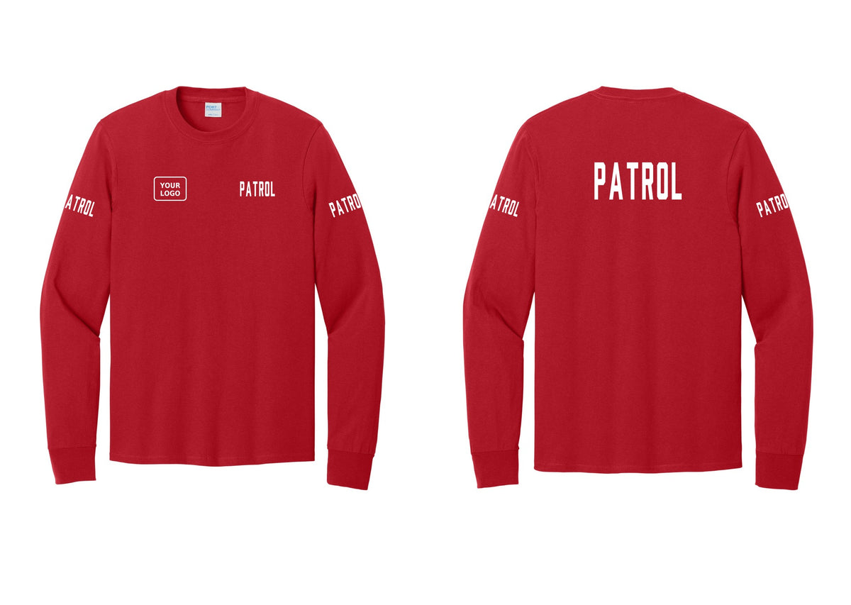 NYC Factory Custom Logo Patrol Cotton Long Sleeve T-Shirt (Classic) - PATROL + Your Logo + Back + Patrol Sleeves - Red