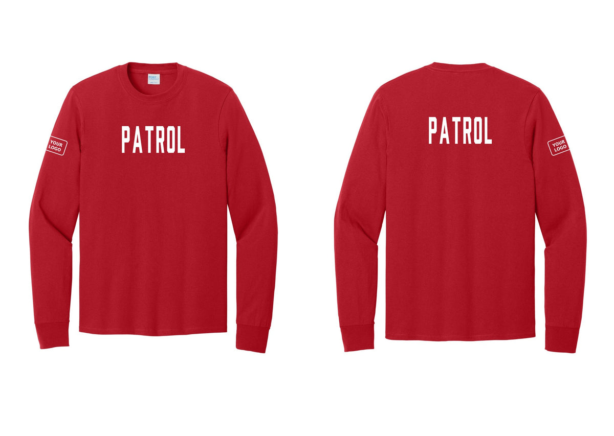 NYC Factory Custom Logo Patrol Cotton Long Sleeve T-Shirt (Classic) - Front + Back + Your Logo Sleeve - Red