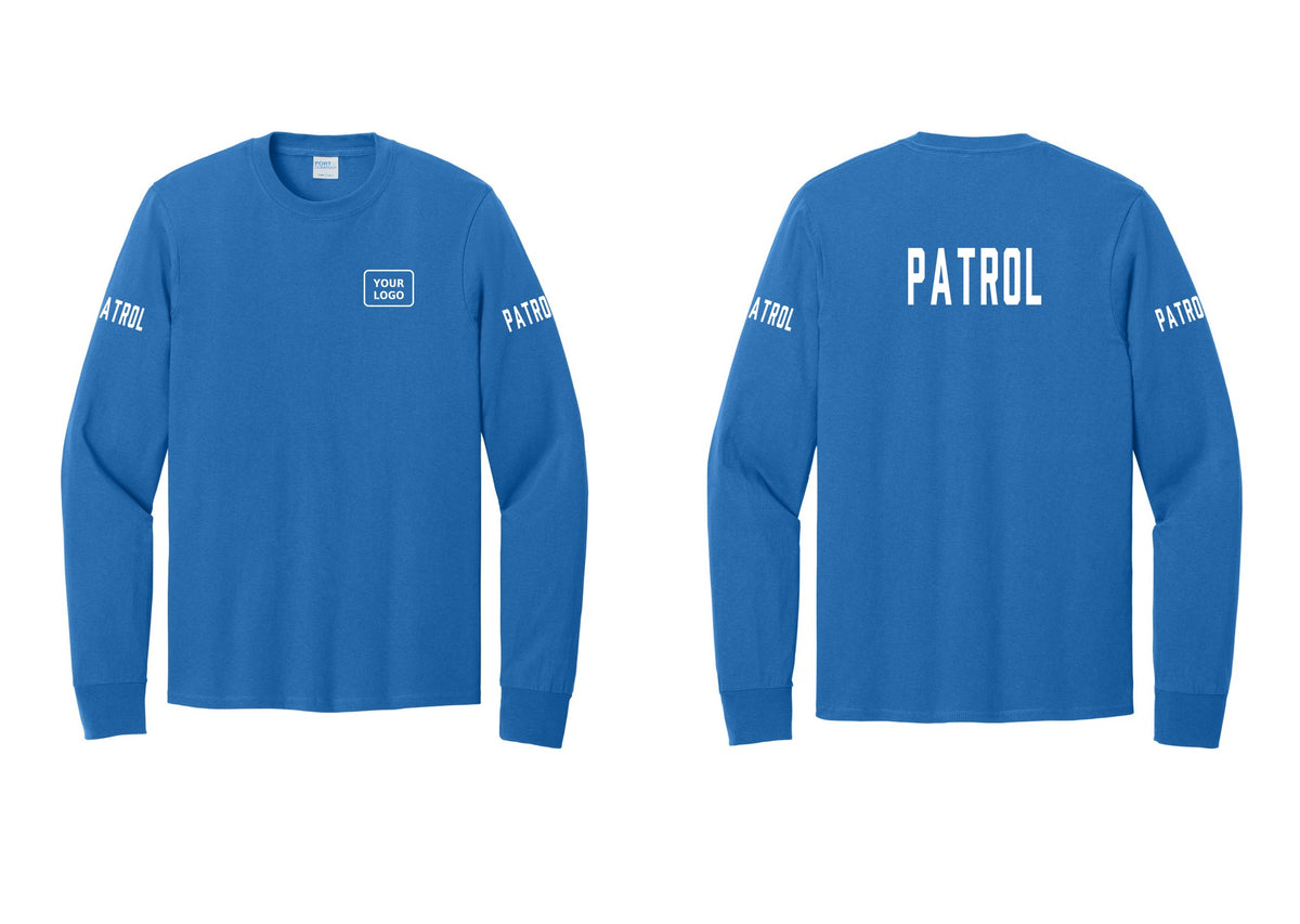 NYC Factory Custom Logo Patrol Cotton Long Sleeve T-Shirt (Classic) - Your Logo + Back + Patrol Sleeves - Royal