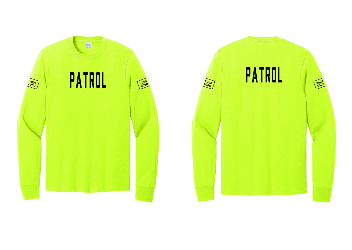 NYC Factory Custom Logo Patrol Cotton Long Sleeve T-Shirt (Classic) - Front + Back + Your Logo Sleeves - Safety Green