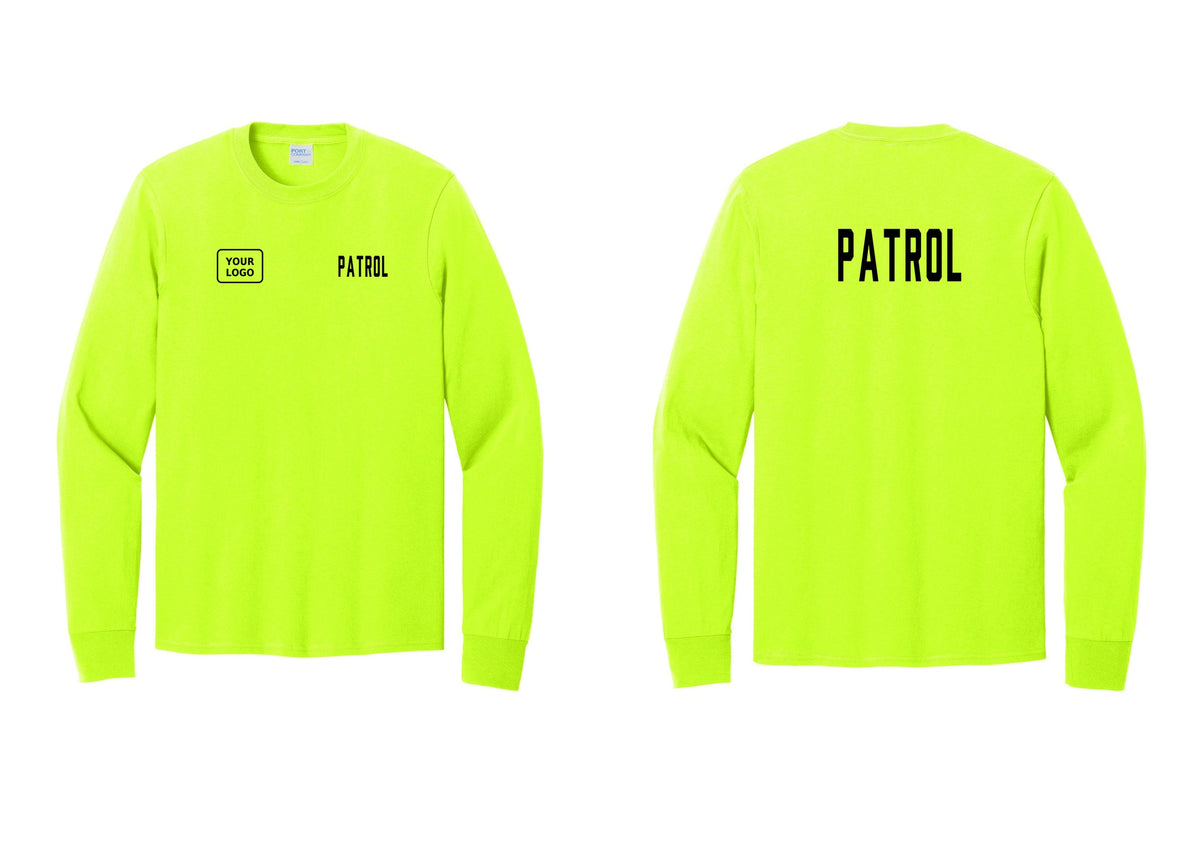 NYC Factory Custom Logo Patrol Cotton Long Sleeve T-Shirt (Classic) - PATROL + Your Logo + Back - Safety Green
