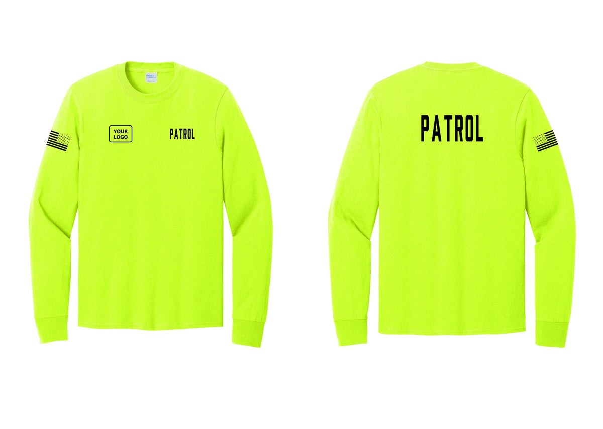 NYC Factory Custom Logo Patrol Cotton Long Sleeve T-Shirt (Classic) - PATROL + Your Logo + Back + US Flag Sleeve - Safety Green