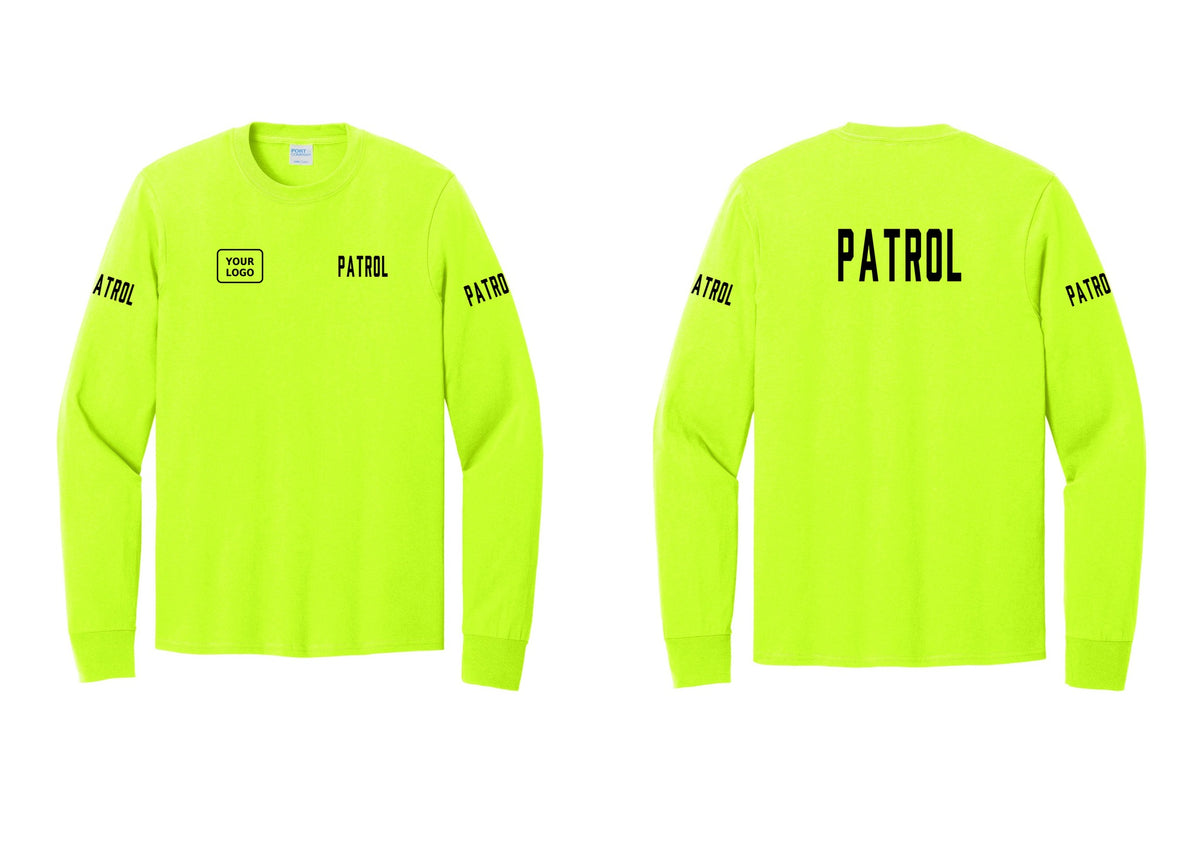 NYC Factory Custom Logo Patrol Cotton Long Sleeve T-Shirt (Classic) - PATROL + Your Logo + Back + Patrol Sleeves - Safety Green