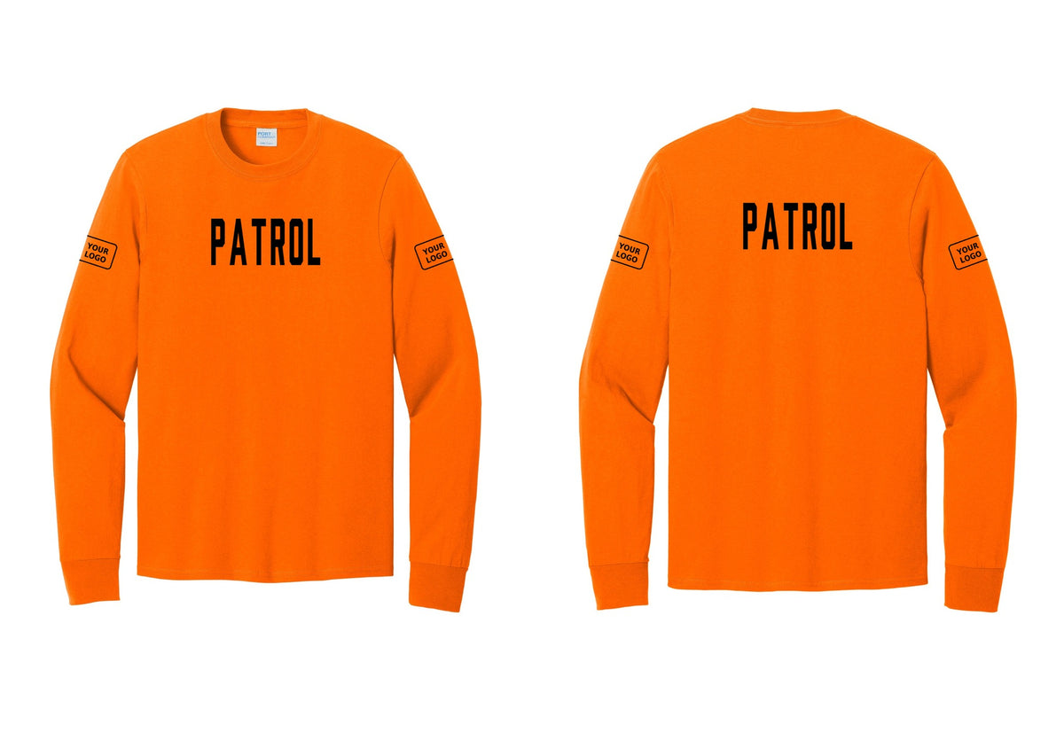NYC Factory Custom Logo Patrol Cotton Long Sleeve T-Shirt (Classic) - Front + Back + Your Logo Sleeves - Safety Orange