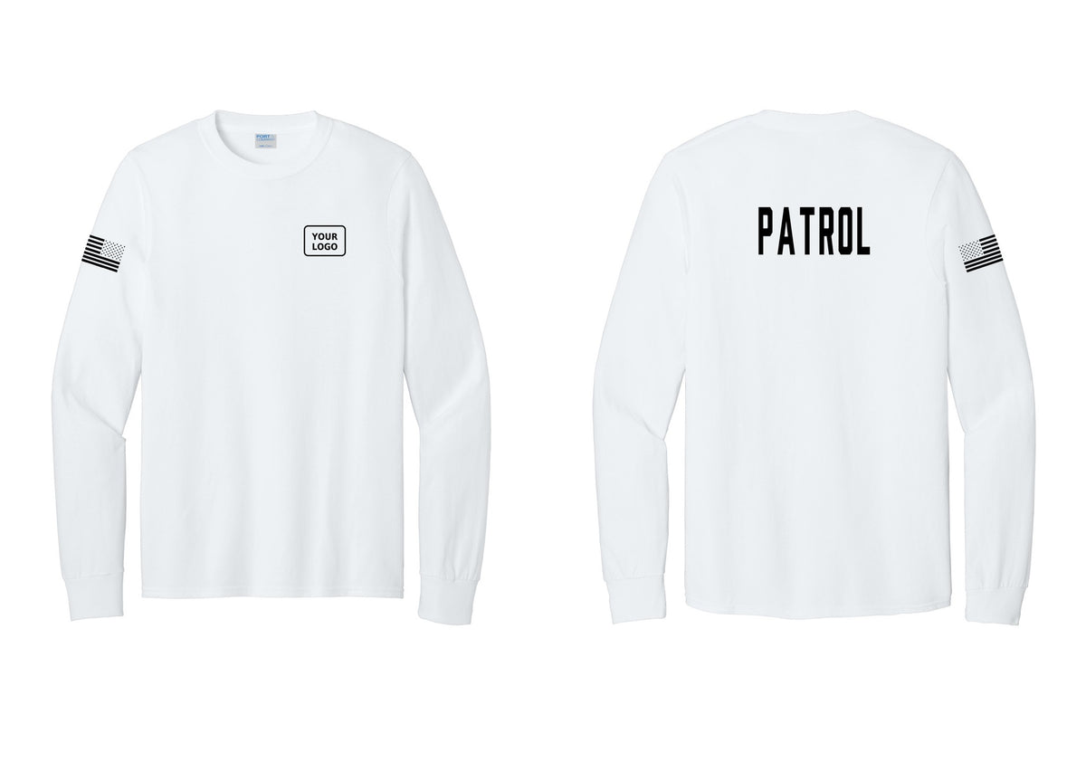 NYC Factory Custom Logo Patrol Cotton Long Sleeve T-Shirt (Classic) - Your Logo + Back + US Flag Sleeve - White