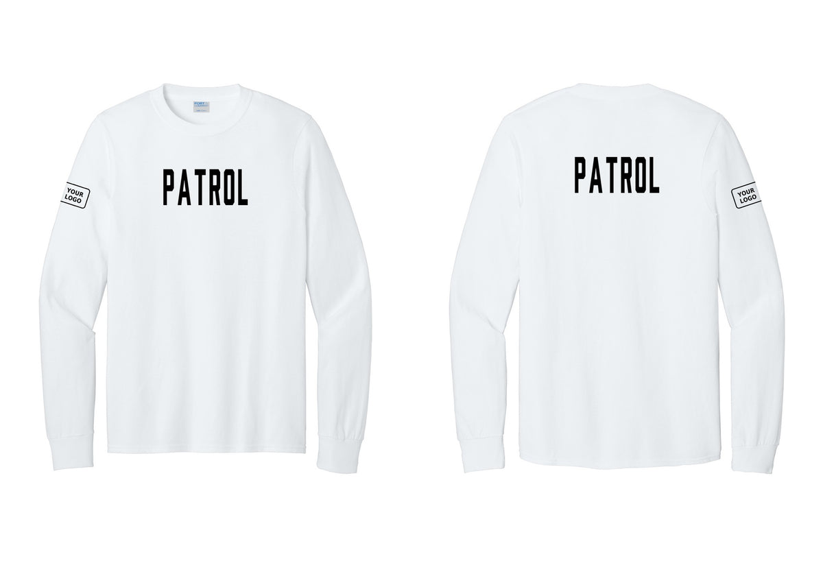 NYC Factory Custom Logo Patrol Cotton Long Sleeve T-Shirt (Classic) - Front + Back + Your Logo Sleeve - White