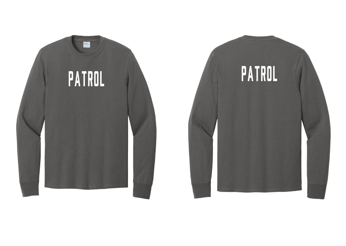 NYC Factory Patrol Cotton Long Sleeve T-Shirt (Classic) - Front + Back - Charcoal