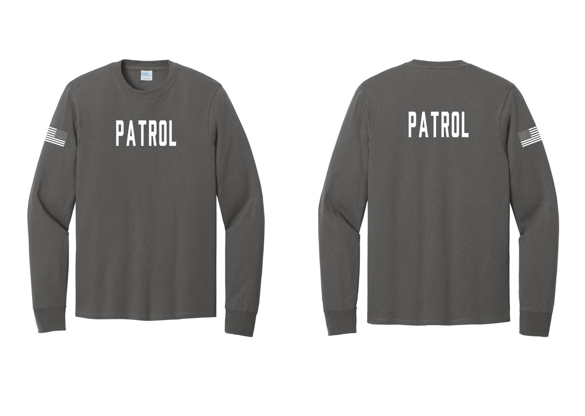NYC Factory Patrol Cotton Long Sleeve T-Shirt (Classic) - Front + Back + US Flag Sleeve - Charcoal