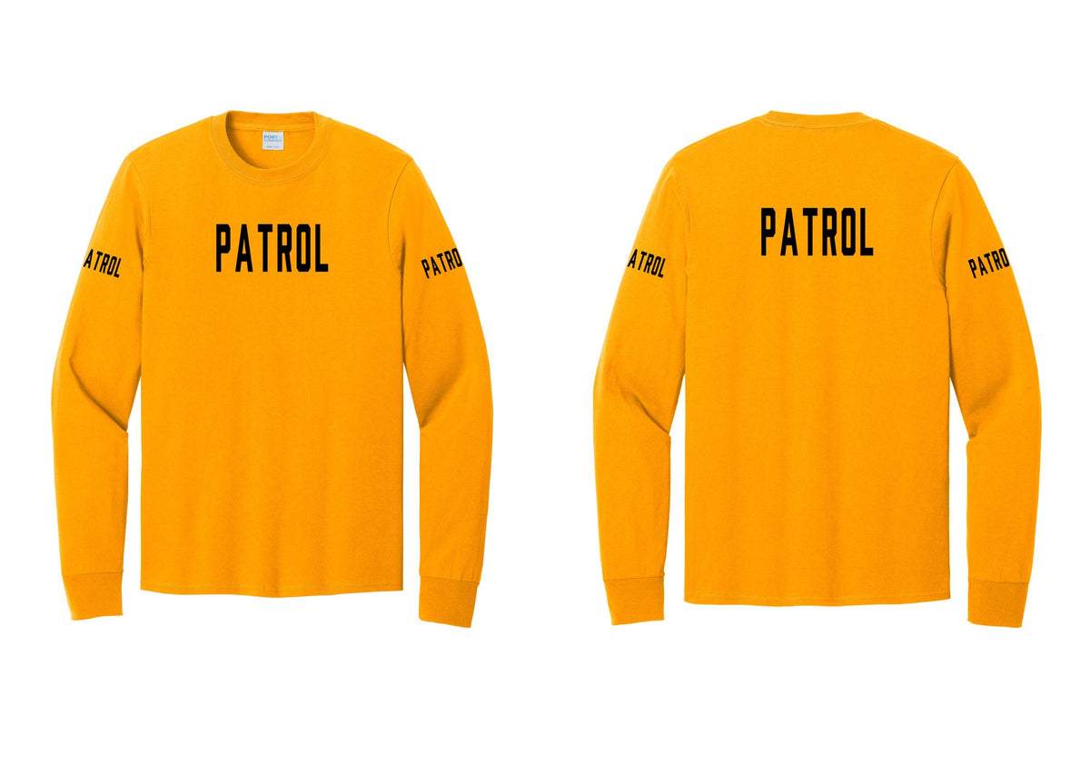 NYC Factory Patrol Cotton Long Sleeve T-Shirt (Classic) - Front + Back + Patrol Sleeves - Gold