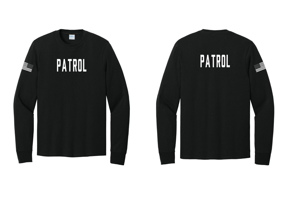 NYC Factory Patrol Cotton Long Sleeve T-Shirt (Classic) - Front + Back + US Flag Sleeve - Black