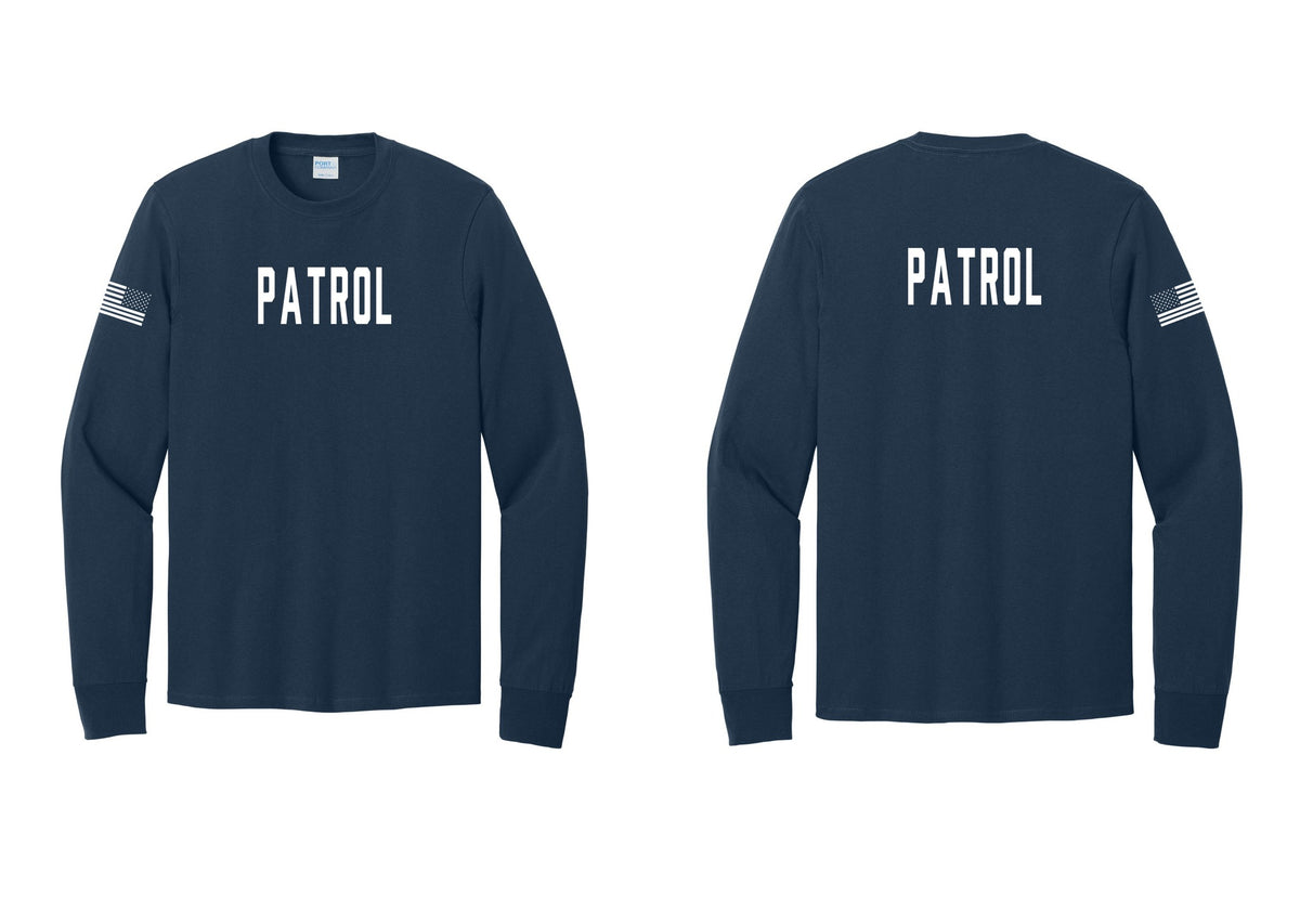 NYC Factory Patrol Cotton Long Sleeve T-Shirt (Classic) - Front + Back + US Flag Sleeve - Navy