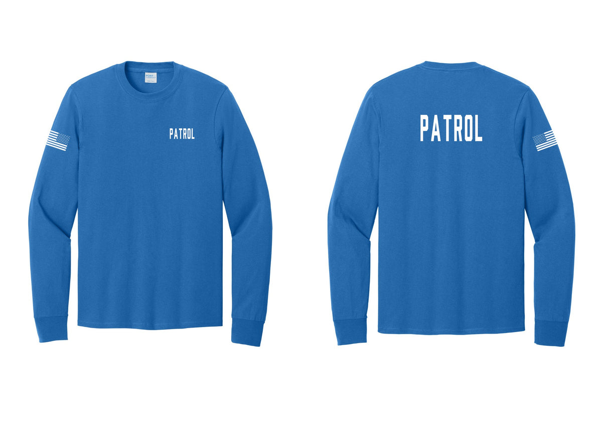 NYC Factory Patrol Cotton Long Sleeve T-Shirt (Classic) - Chest + Back + US Flag Sleeve - Royal