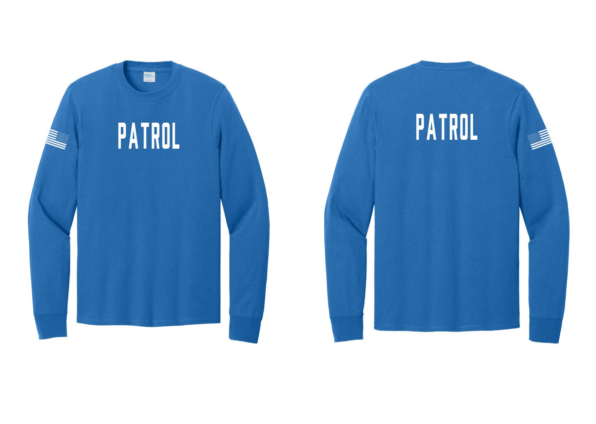 NYC Factory Patrol Cotton Long Sleeve T-Shirt (Classic) - Front + Back + US Flag Sleeve - Royal