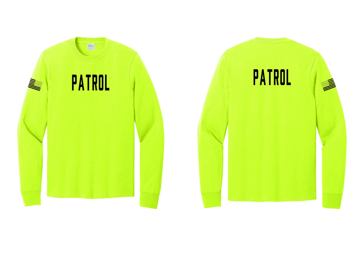NYC Factory Patrol Cotton Long Sleeve T-Shirt (Classic) - Front + Back + US Flag Sleeve - Safety Green