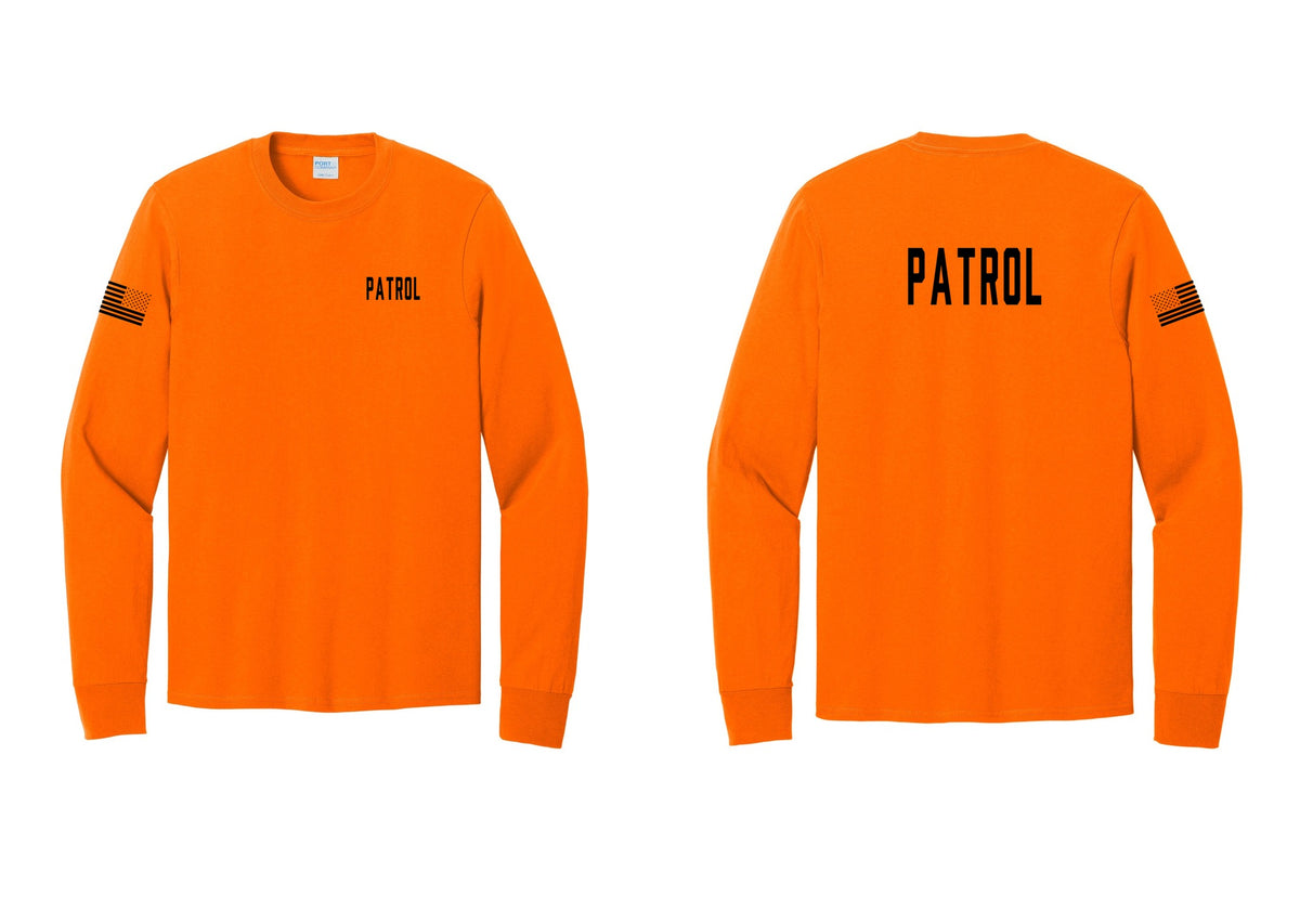 NYC Factory Patrol Cotton Long Sleeve T-Shirt (Classic) - Chest + Back + US Flag Sleeve - Safety Orange