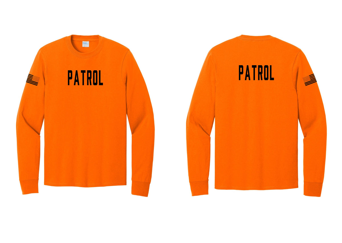 NYC Factory Patrol Cotton Long Sleeve T-Shirt (Classic) - Front + Back + US Flag Sleeve - Safety Orange