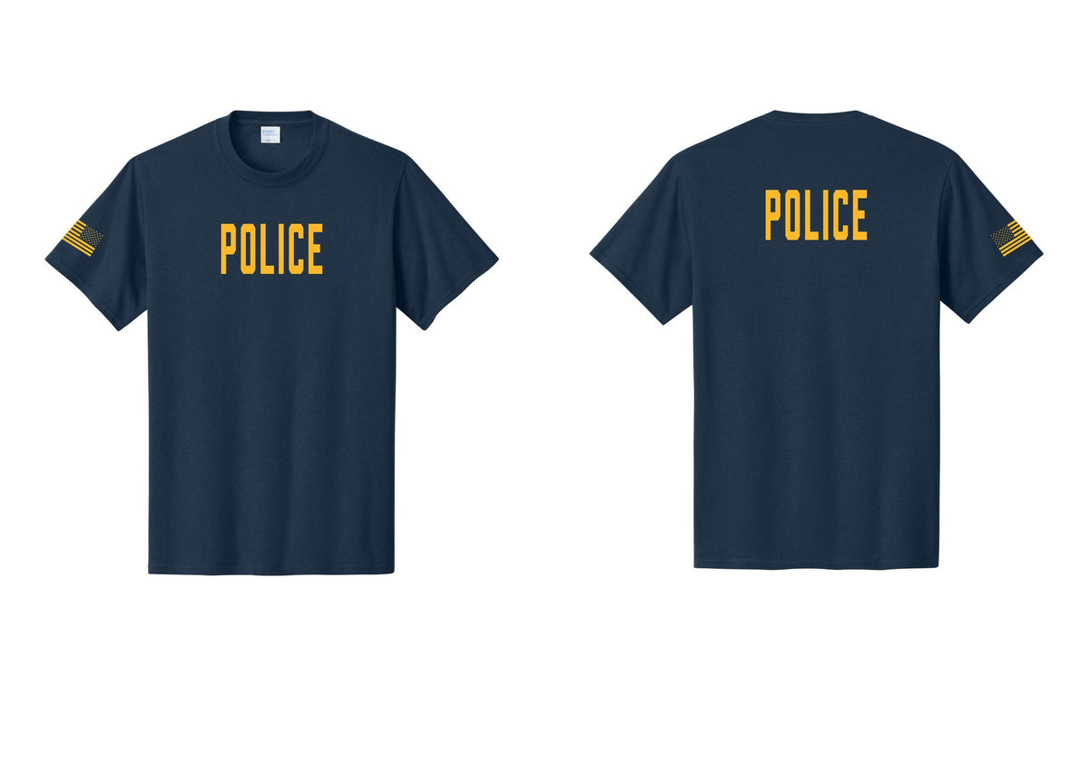 NYC Factory Police T-Shirt, Condensed Lettering - Front + Back + US Flag Sleeve - Navy / Gold
