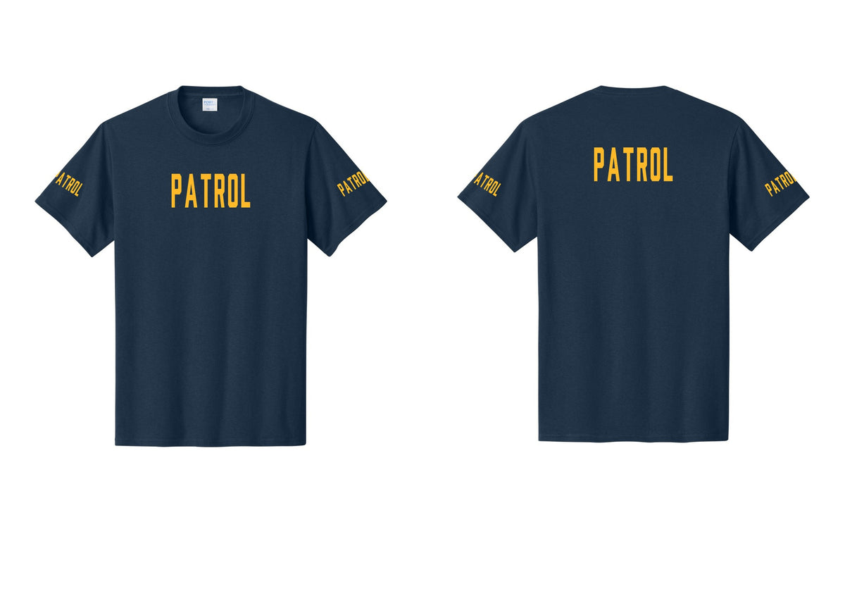 NYC Factory Patrol T-Shirt for Security & Event Teams (Classic) - Front + Back + Patrol Sleeves - Navy / Gold
