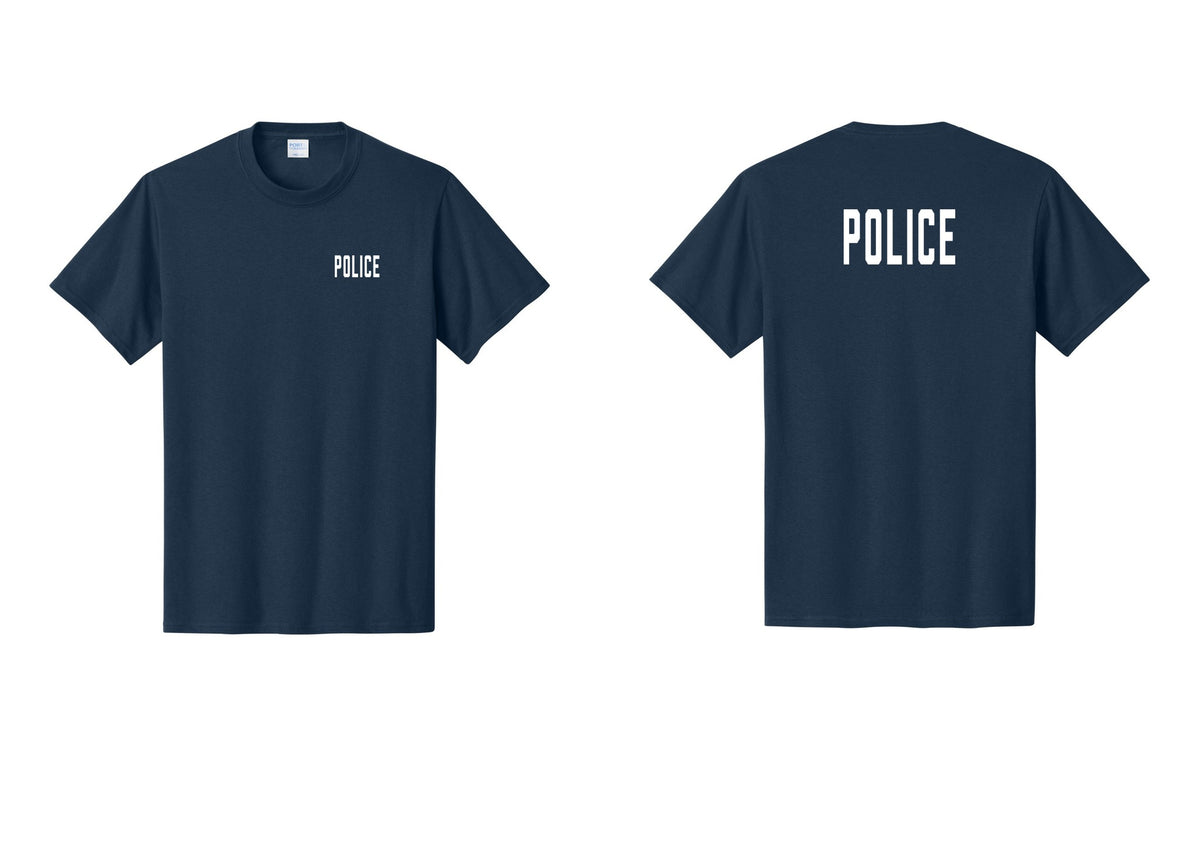 NYC Factory Police T-Shirt, Condensed Lettering - Chest + Back - Navy